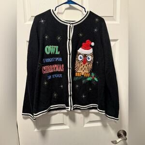 Owl Button Down Christmas Sweater Womens XL Black White Button Up